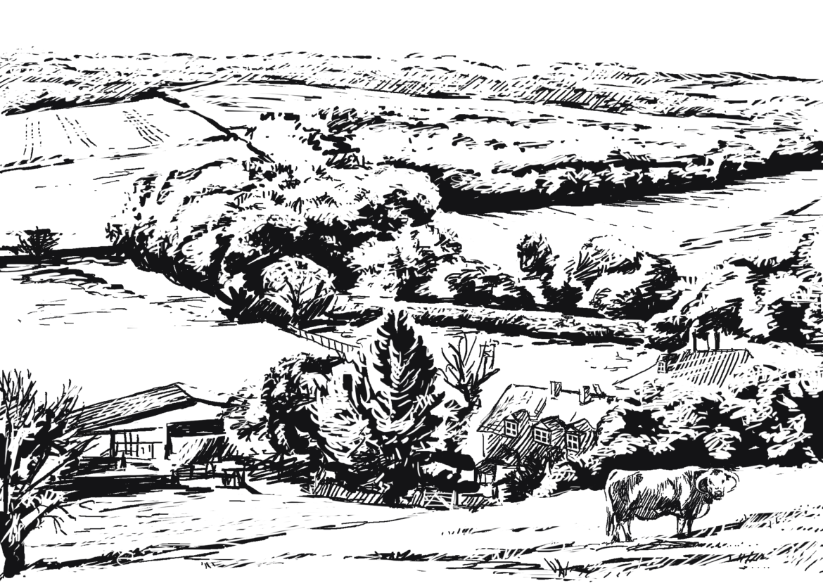 The importance of wildlife: Animal Impact. Cotswold Farmland. Drawing, Simon Mustoe