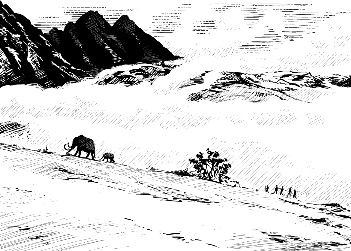 The importance of wildlife: Animal Impact. Neolithic hunters and wooly mammoth. Drawing, Simon Mustoe.