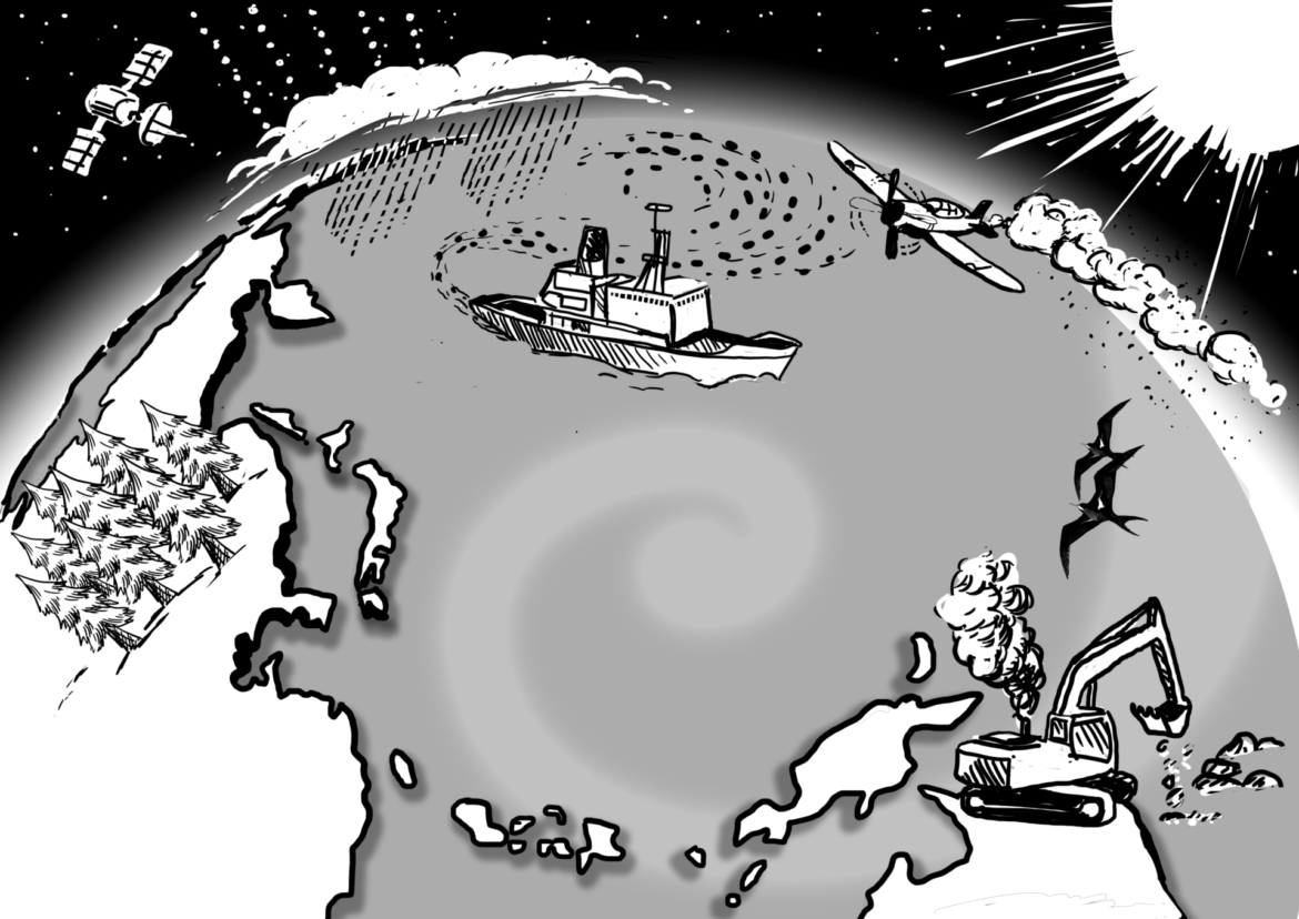 Geo-engineering dangers. Drawing, Simon Mustoe. Wildlife, Biodiversity and Climate